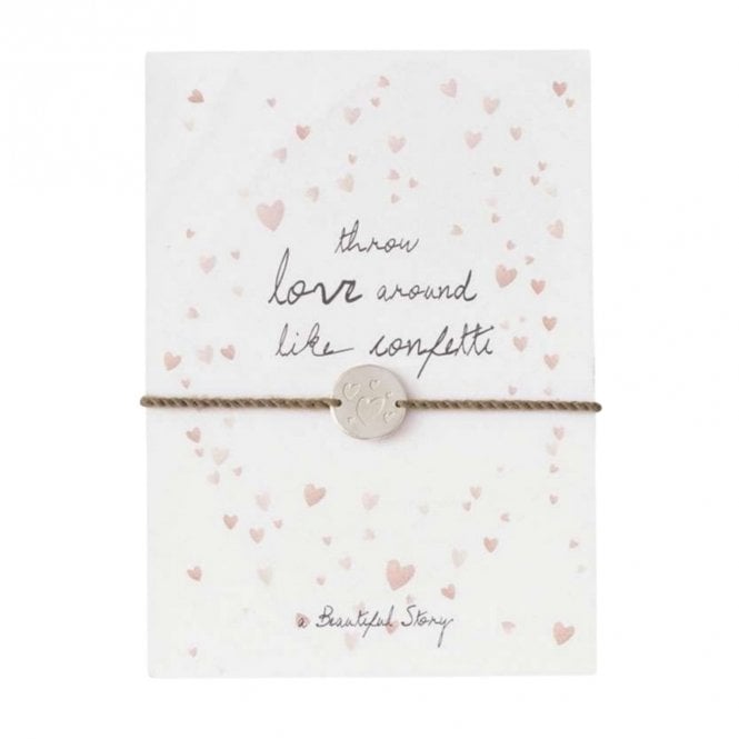 A Beautiful Story Bracelet Postcard Confetti! Featuring an illustration of pretty pink hearts, this sentimental set is the perfect way to show your love. 