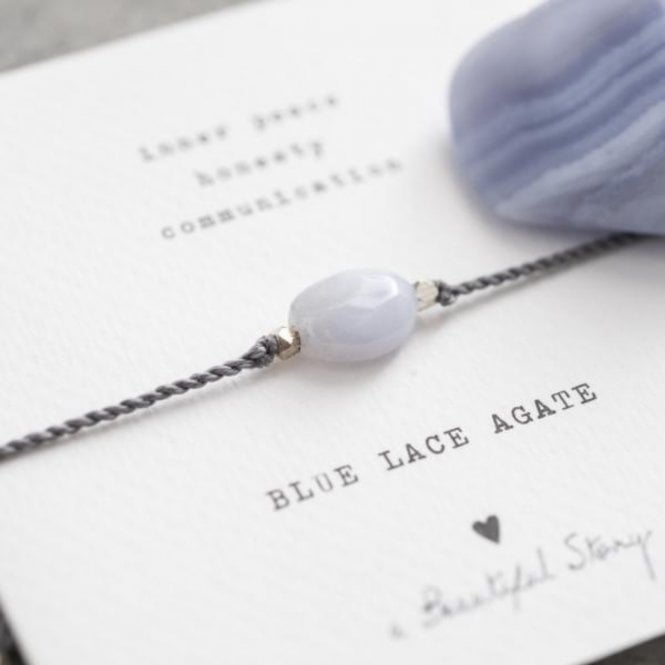 A Beautiful Story. Let the soothing energy of this Gemstone Card Blue Lace Agate Silver Bracelet flow through you. Made with Blue Lace Agate gemstone